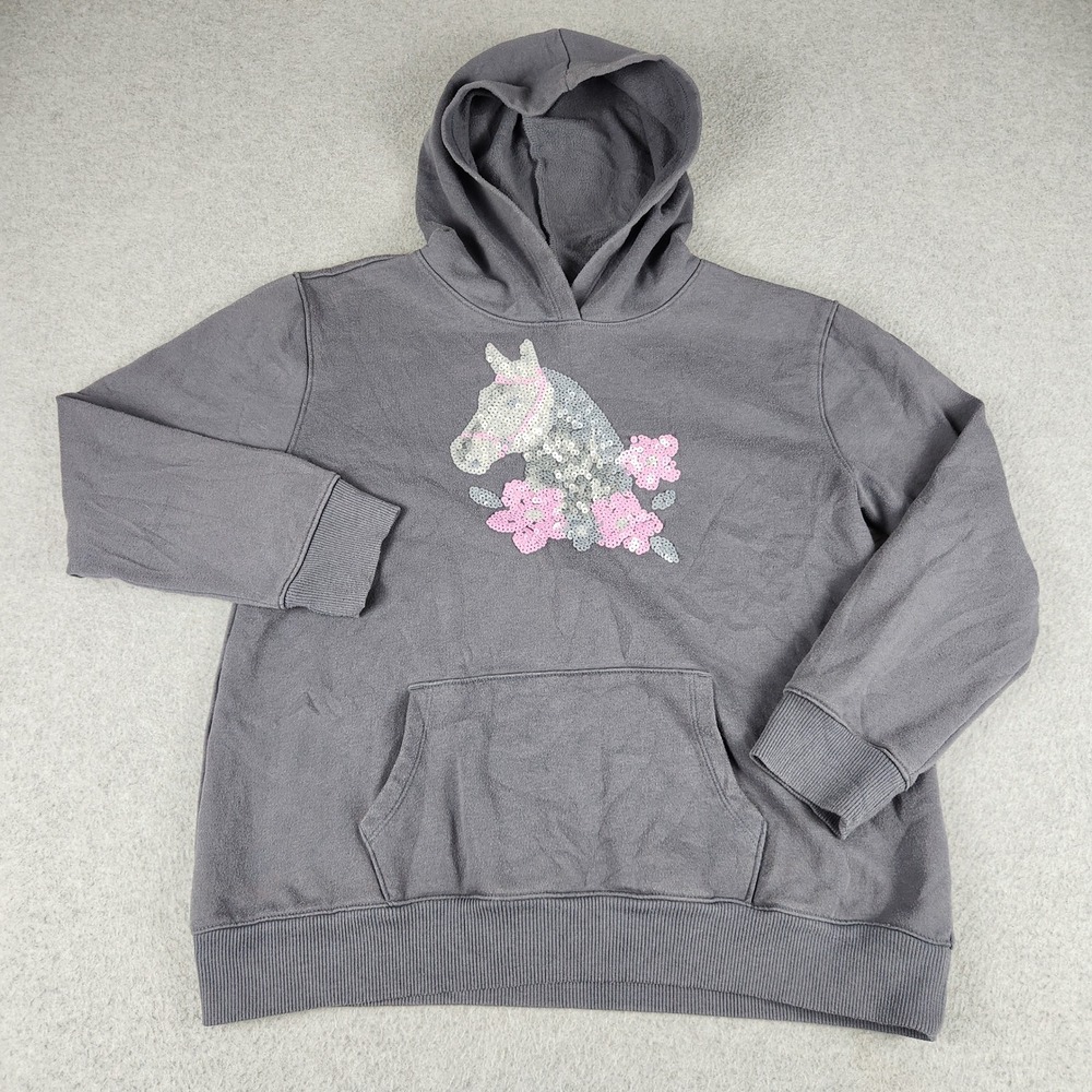 Wonder Nation Hoodie Girls XL 14-16 Gray Sequin Horse Flower Fleece Pullover